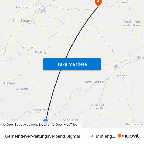 Gemeindeverwaltungsverband Sigmaringen to Mutlangen map
