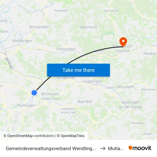Gemeindeverwaltungsverband Wendlingen am Neckar to Mutlangen map