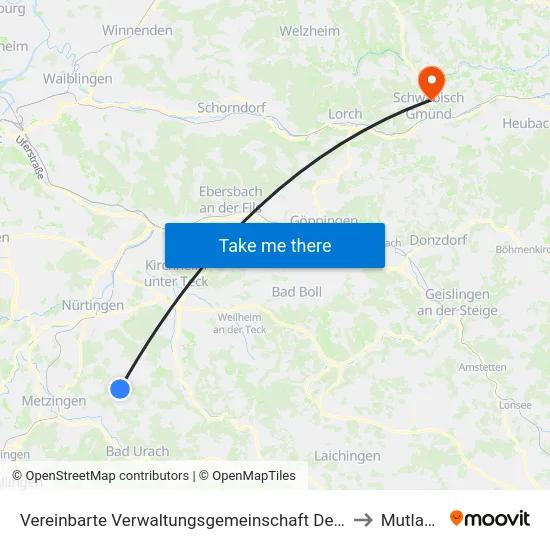 Vereinbarte Verwaltungsgemeinschaft Der Stadt Neuffen to Mutlangen map