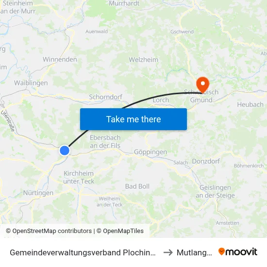 Gemeindeverwaltungsverband Plochingen to Mutlangen map