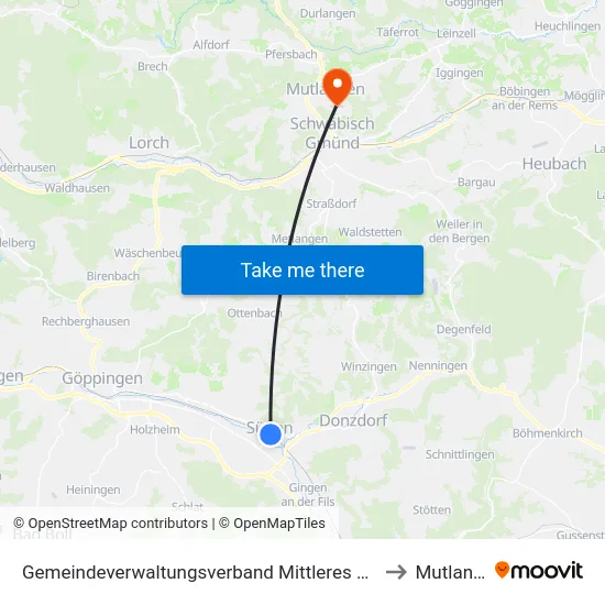 Gemeindeverwaltungsverband Mittleres Fils-Lautertal to Mutlangen map