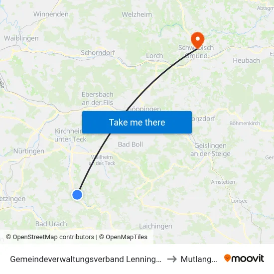 Gemeindeverwaltungsverband Lenningen to Mutlangen map