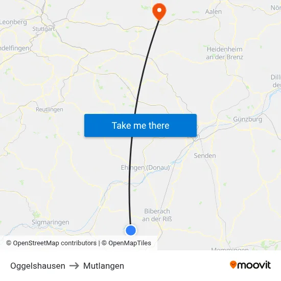 Oggelshausen to Mutlangen map
