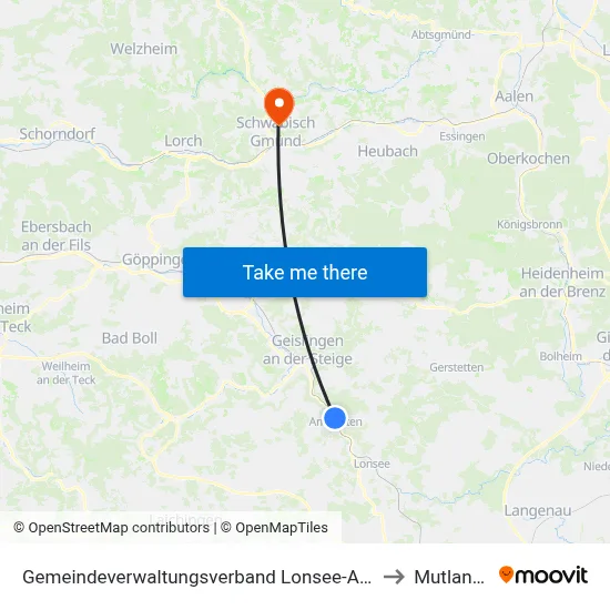 Gemeindeverwaltungsverband Lonsee-Amstetten to Mutlangen map