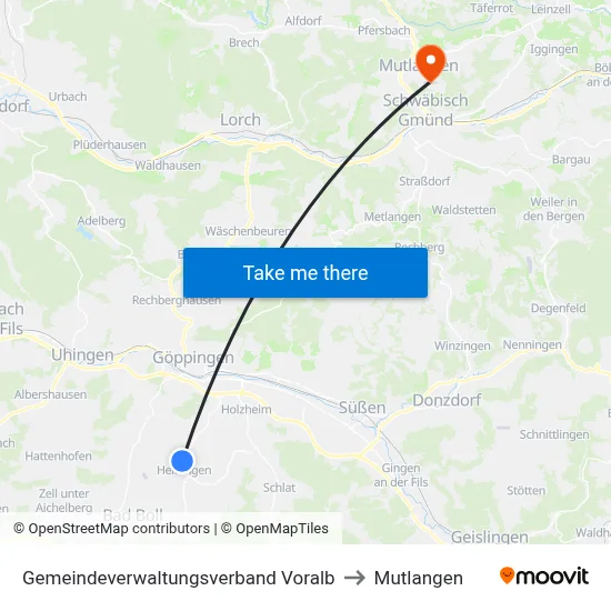 Gemeindeverwaltungsverband Voralb to Mutlangen map