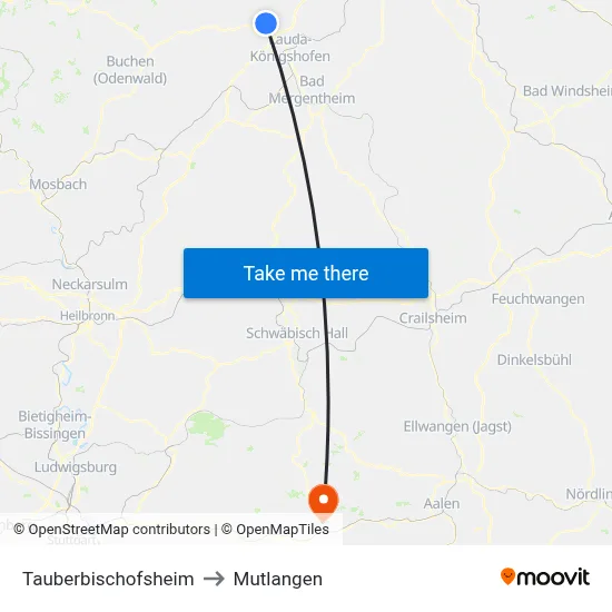 Tauberbischofsheim to Mutlangen map