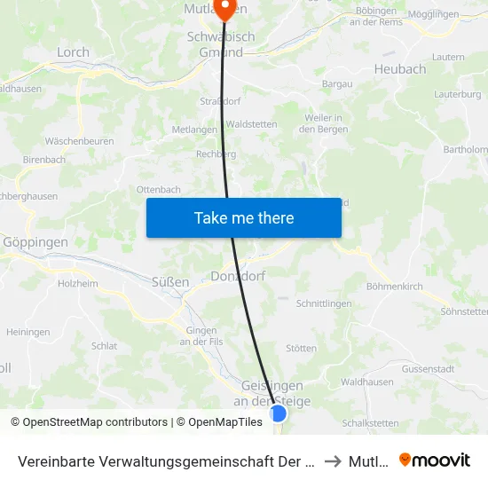 Vereinbarte Verwaltungsgemeinschaft Der Stadt Geislingen An Der Steige to Mutlangen map