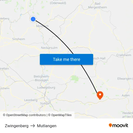 Zwingenberg to Mutlangen map