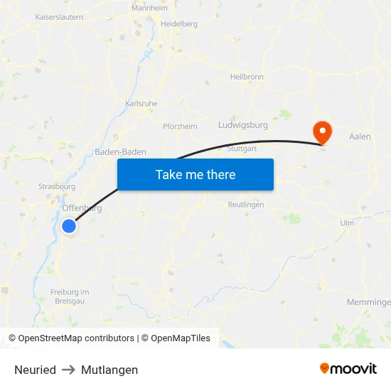 Neuried to Mutlangen map