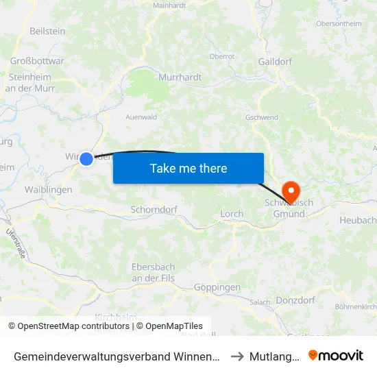 Gemeindeverwaltungsverband Winnenden to Mutlangen map