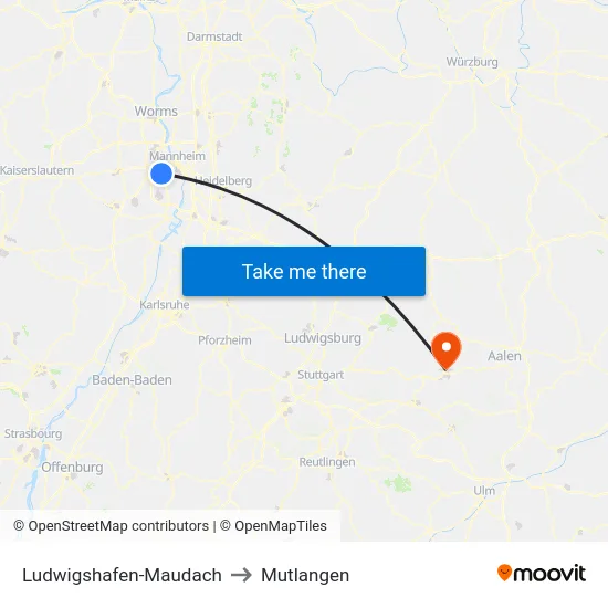 Ludwigshafen-Maudach to Mutlangen map