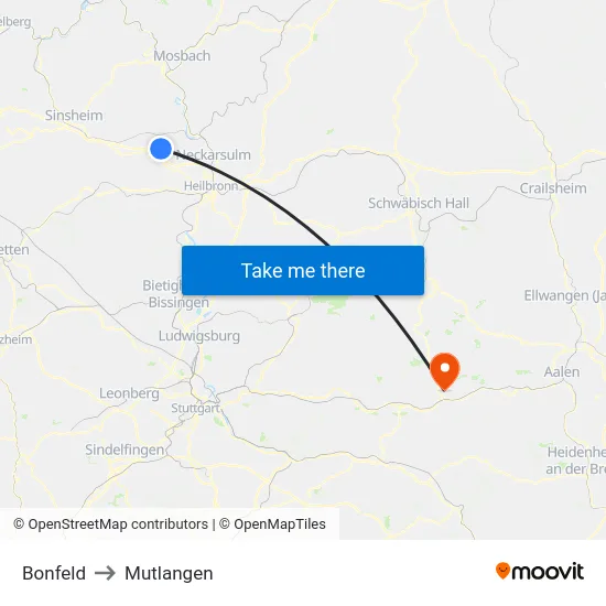 Bonfeld to Mutlangen map