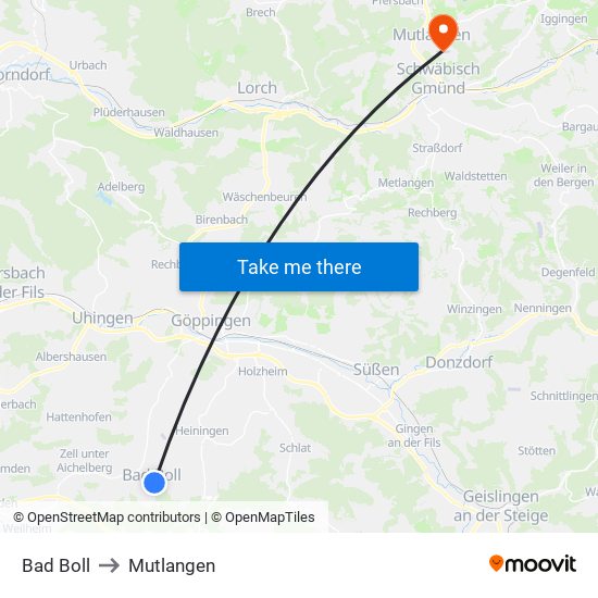 Bad Boll to Mutlangen map