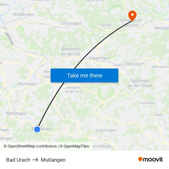 Bad Urach to Mutlangen map