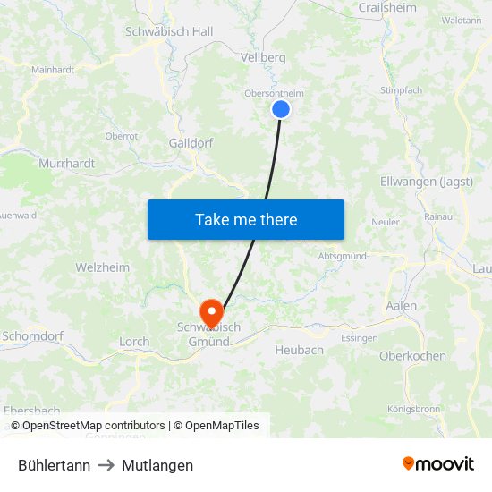 Bühlertann to Mutlangen map