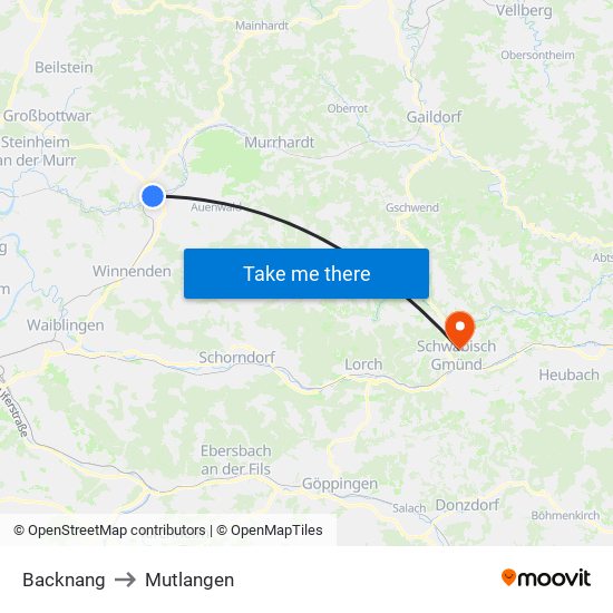 Backnang to Mutlangen map