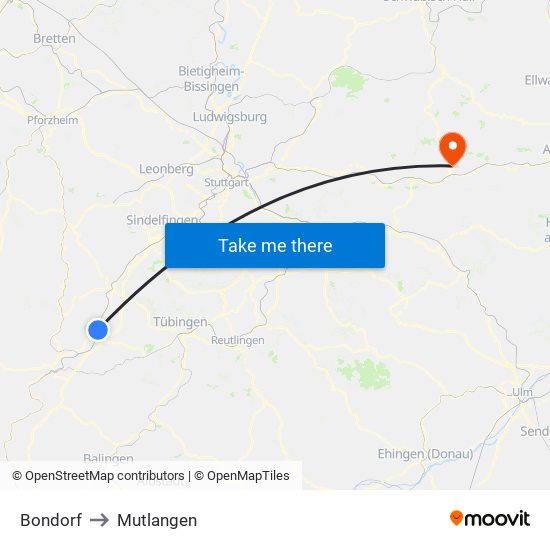 Bondorf to Mutlangen map