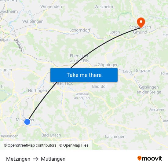 Metzingen to Mutlangen map