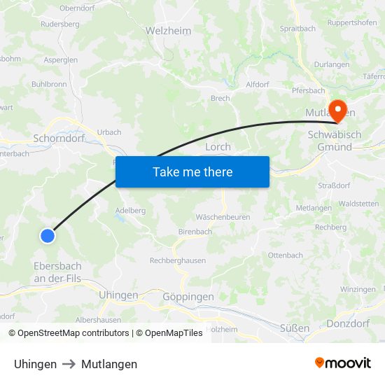 Uhingen to Mutlangen map
