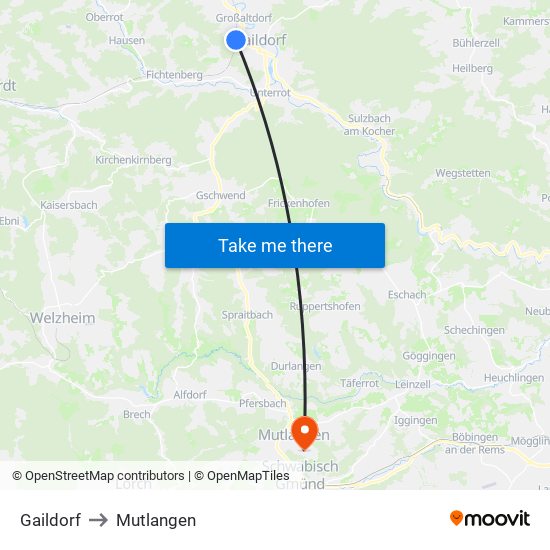 Gaildorf to Mutlangen map