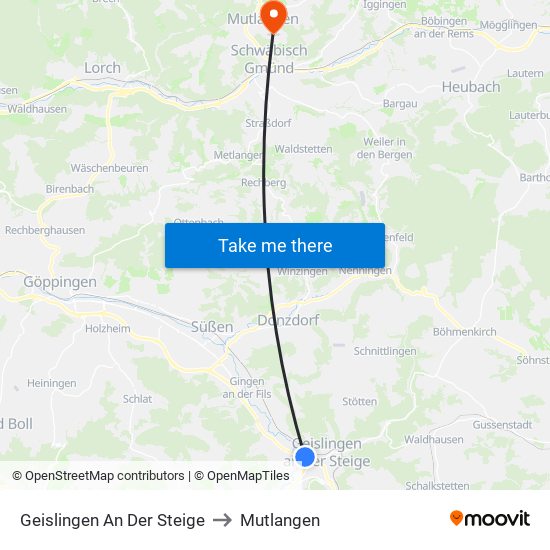 Geislingen An Der Steige to Mutlangen map