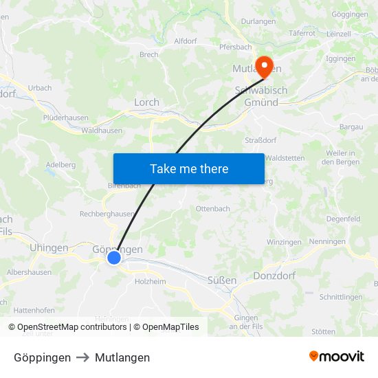 Göppingen to Mutlangen map