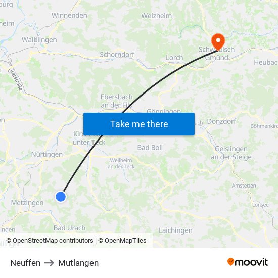 Neuffen to Mutlangen map