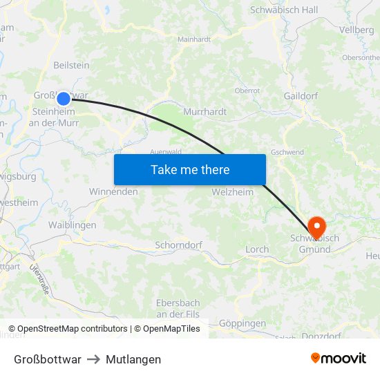 Großbottwar to Mutlangen map