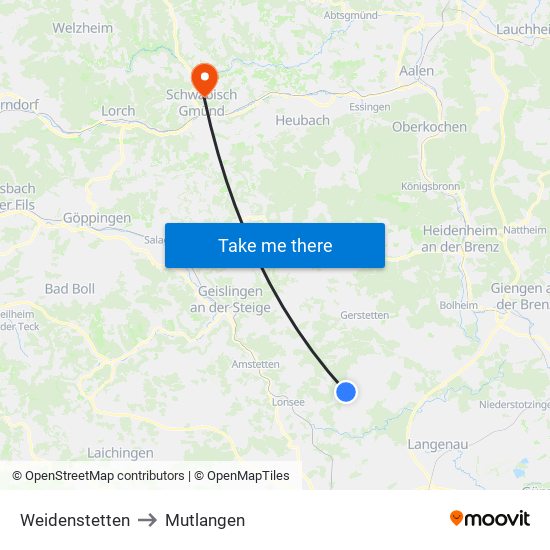 Weidenstetten to Mutlangen map