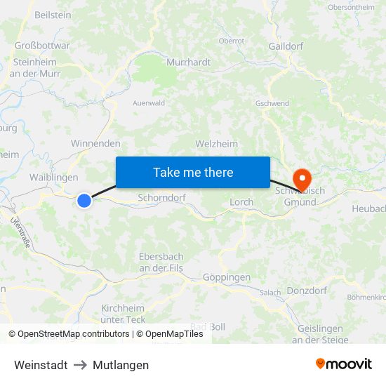 Weinstadt to Mutlangen map