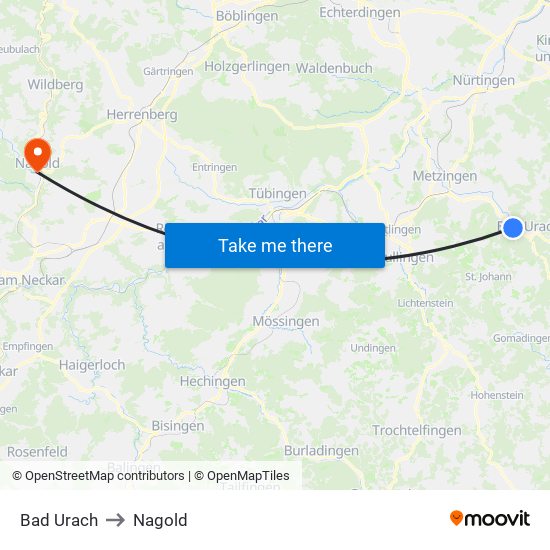 Bad Urach to Nagold map