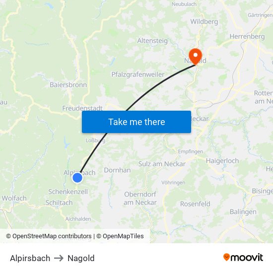 Alpirsbach to Nagold map