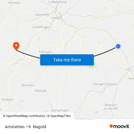 Amstetten to Nagold map