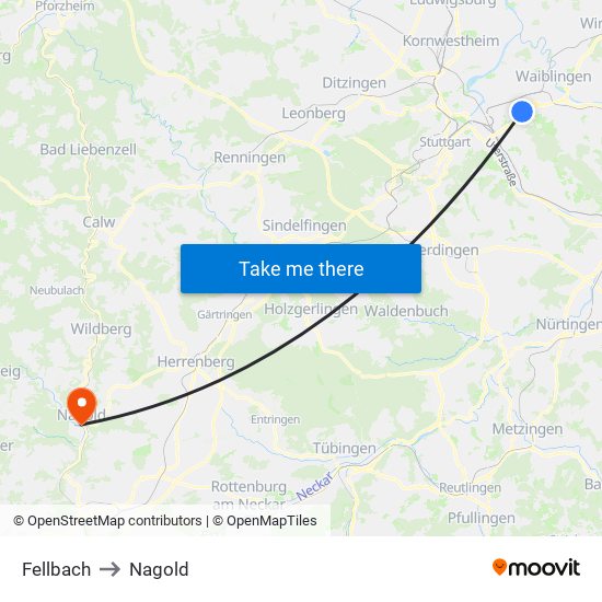 Fellbach to Nagold map