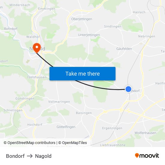 Bondorf to Nagold map