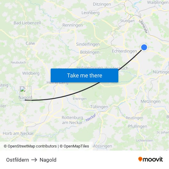 Ostfildern to Nagold map