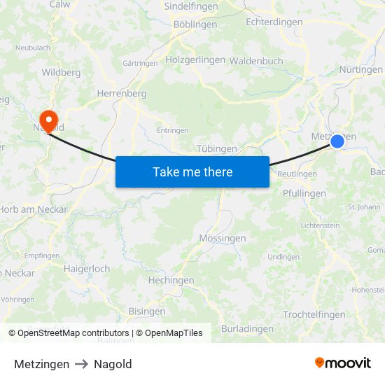Metzingen to Nagold map