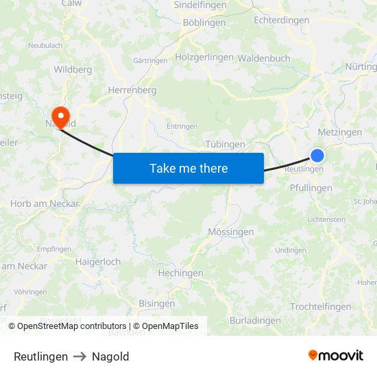 Reutlingen to Nagold map