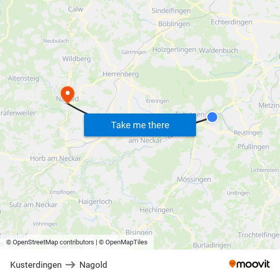 Kusterdingen to Nagold map