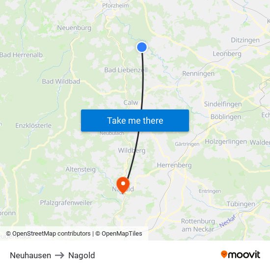 Neuhausen to Nagold map