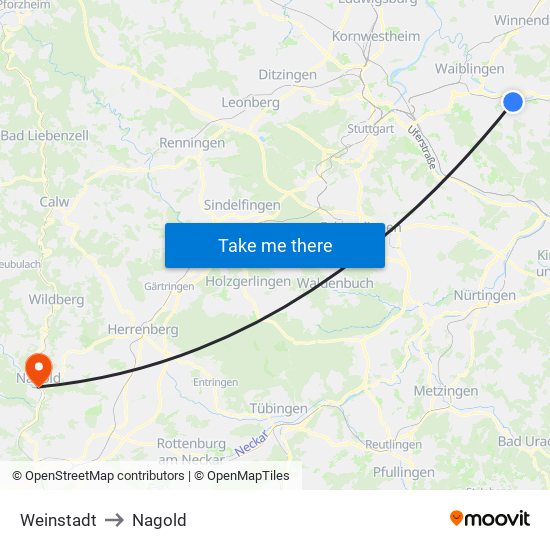 Weinstadt to Nagold map