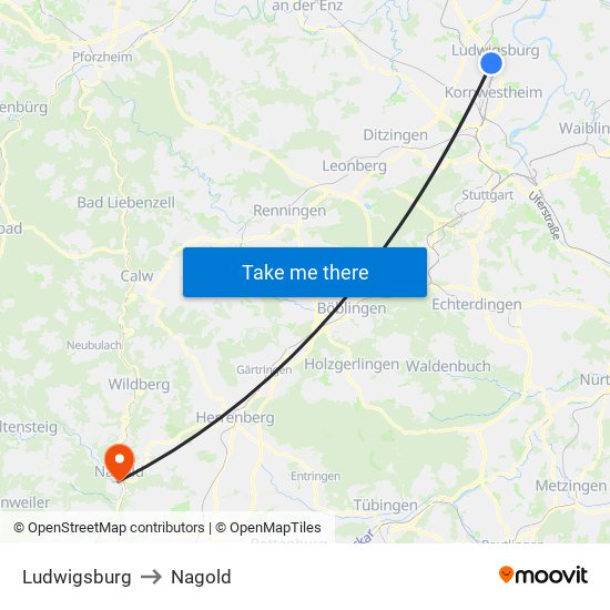 Ludwigsburg to Nagold map