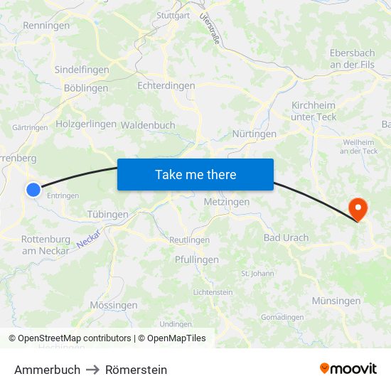 Ammerbuch to Römerstein map