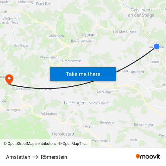 Amstetten to Römerstein map