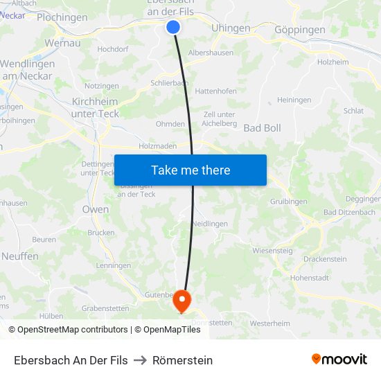 Ebersbach An Der Fils to Römerstein map