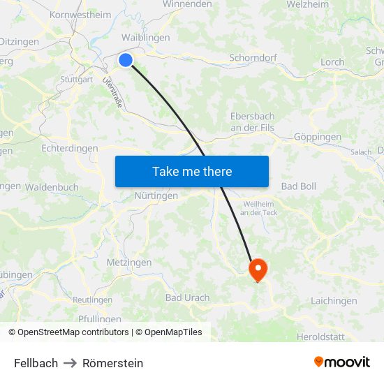 Fellbach to Römerstein map