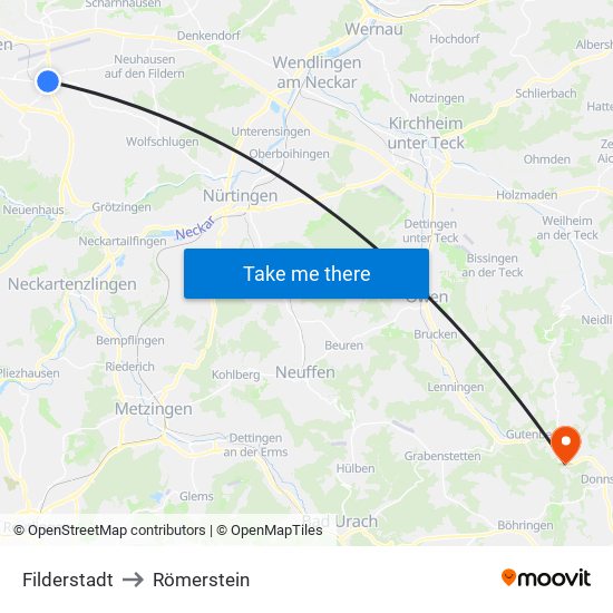 Filderstadt to Römerstein map