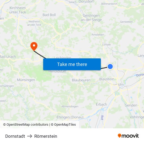 Dornstadt to Römerstein map