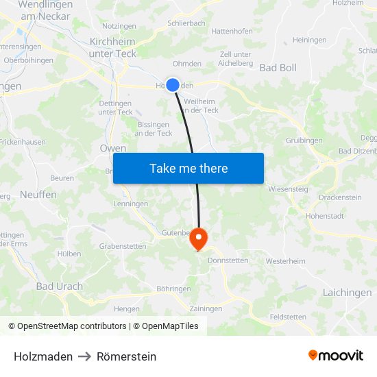 Holzmaden to Römerstein map