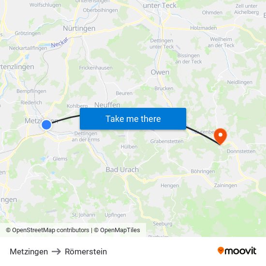 Metzingen to Römerstein map